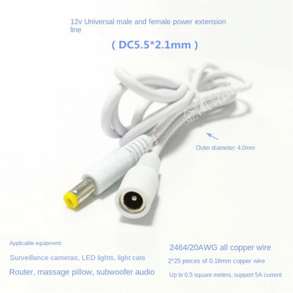 Thick Copper Power Extension Cable - 12V - White - DC 5.5*2.1mm Male To Female - for Monitor LED Lights - 5m