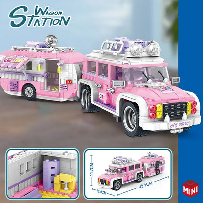 Technical 1149Pcs Pink Camper Touring Bus Travel Car Model Building Micro Blocks City Wagon Truck With Figures Bricks Toys Gifts