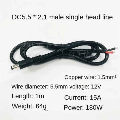 1M Pure Copper 1.5mm² Single-Head Cable, DC5.5*2.1mm Male Plug, Thickened Wire for 12V Universal Surveillance Power, 15A, Black