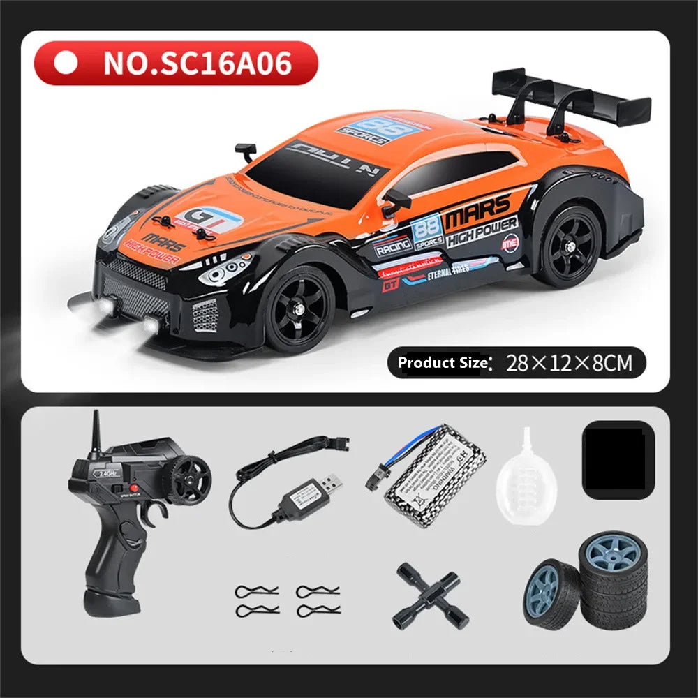 2.4G 4WD 1/16 Drift RC Car Spray LED Light High Speed Remote Control Car Models Toys for Boy Kids Children Gifts