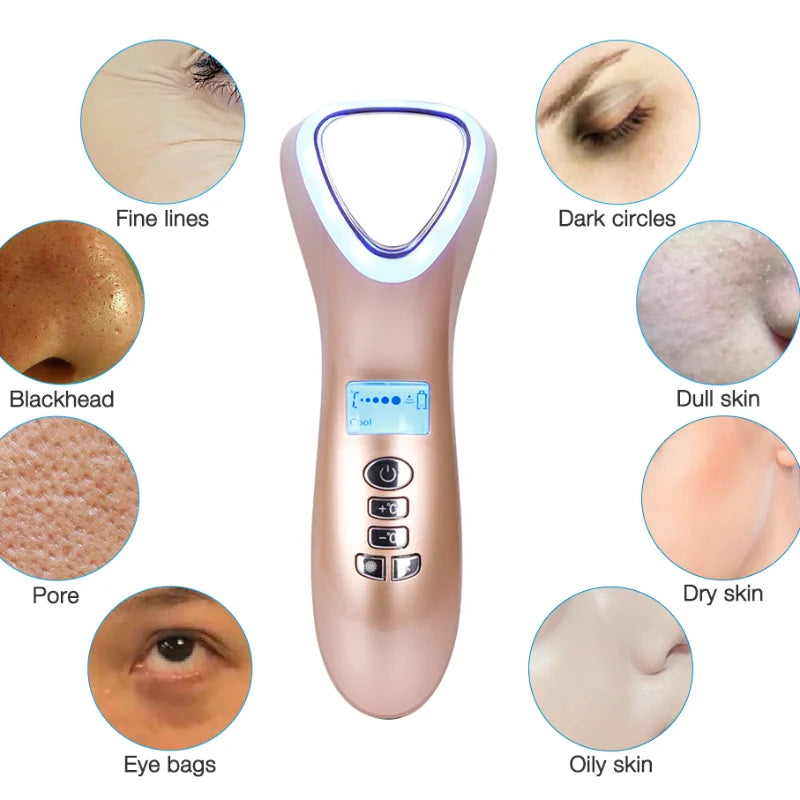 Home Hot and Cold Hammer Ultrasonic Cryotherapy LED Photon Shrink Pore Facial Lifting Vibration Massager Ultrasonic Skin Care