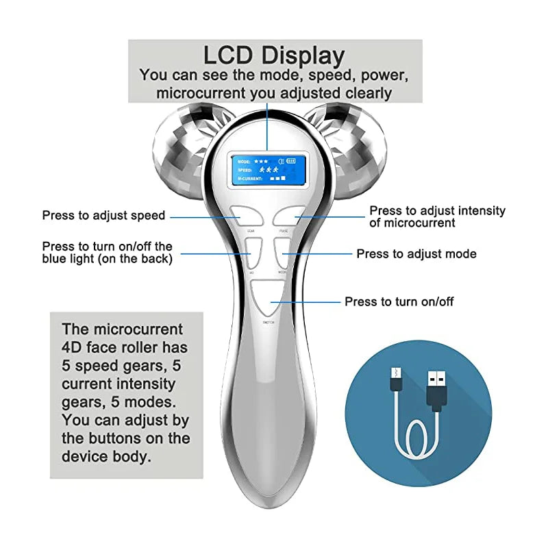 NEW Electric Micro-current Facial Massage Roller 4D Facial Lift Beauty Roller Anti-aging Wrinkle Removal Facial Care Tool