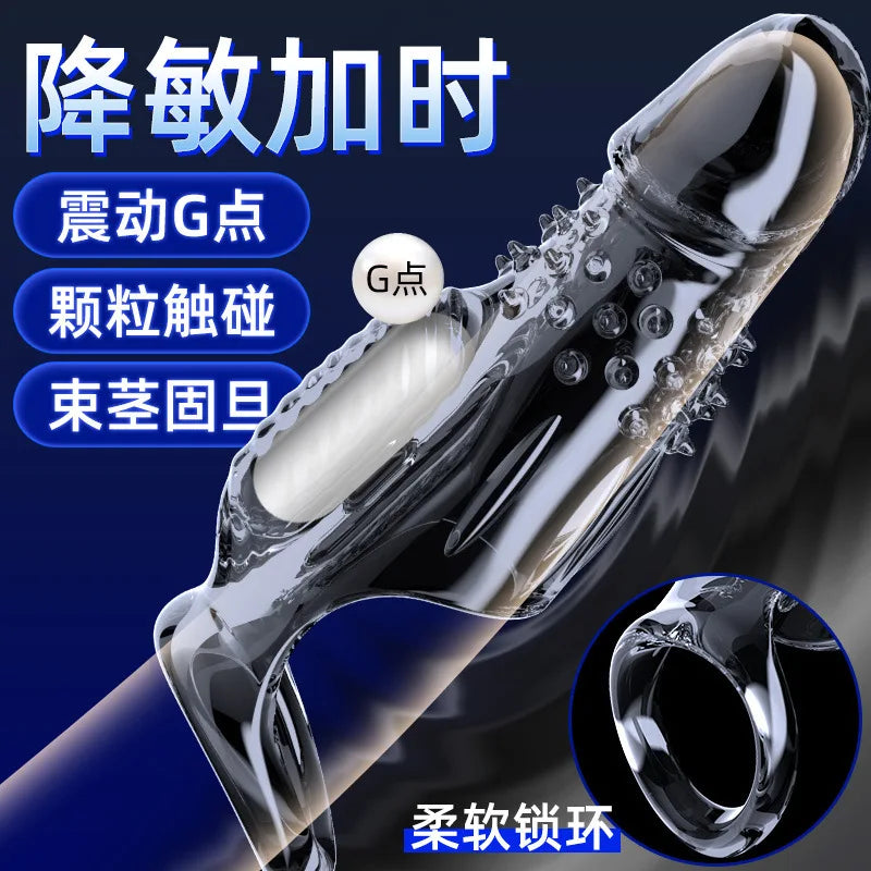 1ps Male Vibrating Silicone Cock Sleeve Ring Delay Ejaculation Vibrator Penis Cover Enlargement Women G Spot Stimulation Sex Toy