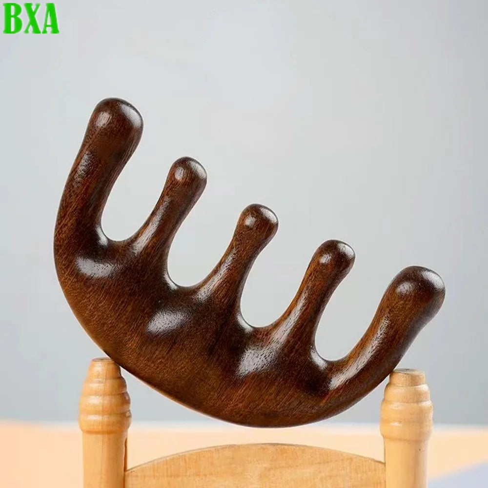 Therapy Blood Circulation Anti-static Smooth Hair Massage Comb Five-Tooth Head Meridian Green Sandalwood Acupuncture Massager