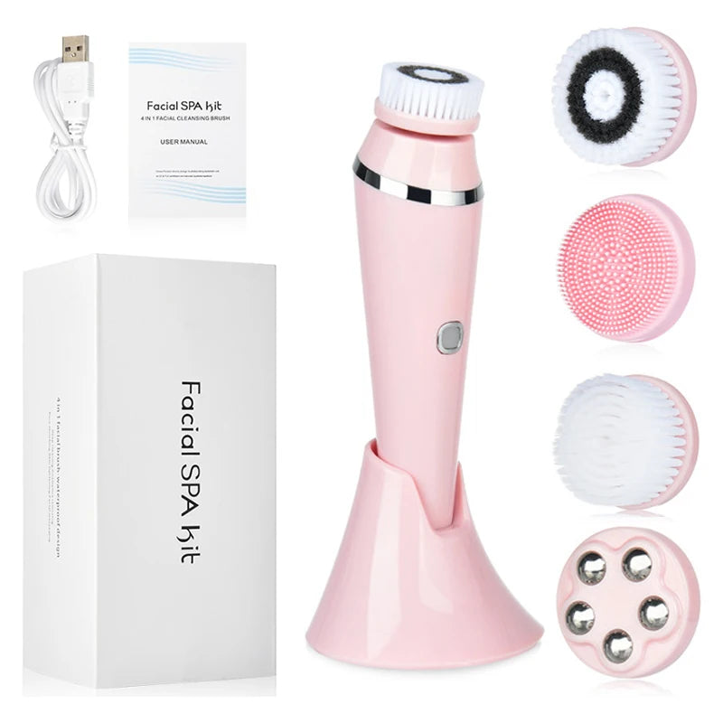 New Electric Facial Cleansing Brush with 4 Brush Heads 3 Modes Skincare Waterproof Wireless Facial Cleansing Device