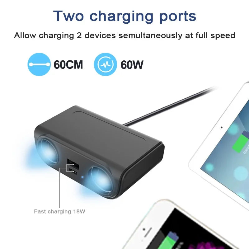 TR37 Car Cigarette Lighter Adapter with 100W Dual Ports and USB-C, Splitter Design, Fast Car Charger