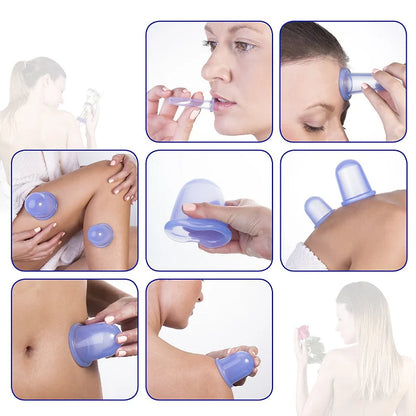 4pcs Silicone Vacuum Cans Facial Cupping Face and Body Massager Anti-Cellulite Massage Body Cups V Face Back Foot Cup Suction