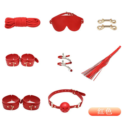 8-13pcs set Classic BDSM Restraints Sex Toy Kits Handcuffs & Ankle Fetish Suit Nipple Clipper Mouth Gag Whip Sex Feather Soft SM