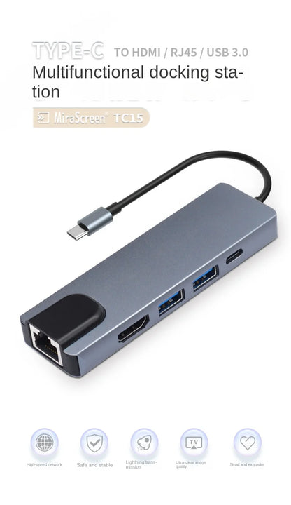 TYPE-C 5-in-1 Multi-functional Smart Dock: HDMI/RJ45/USB3.0, Type-C Converter