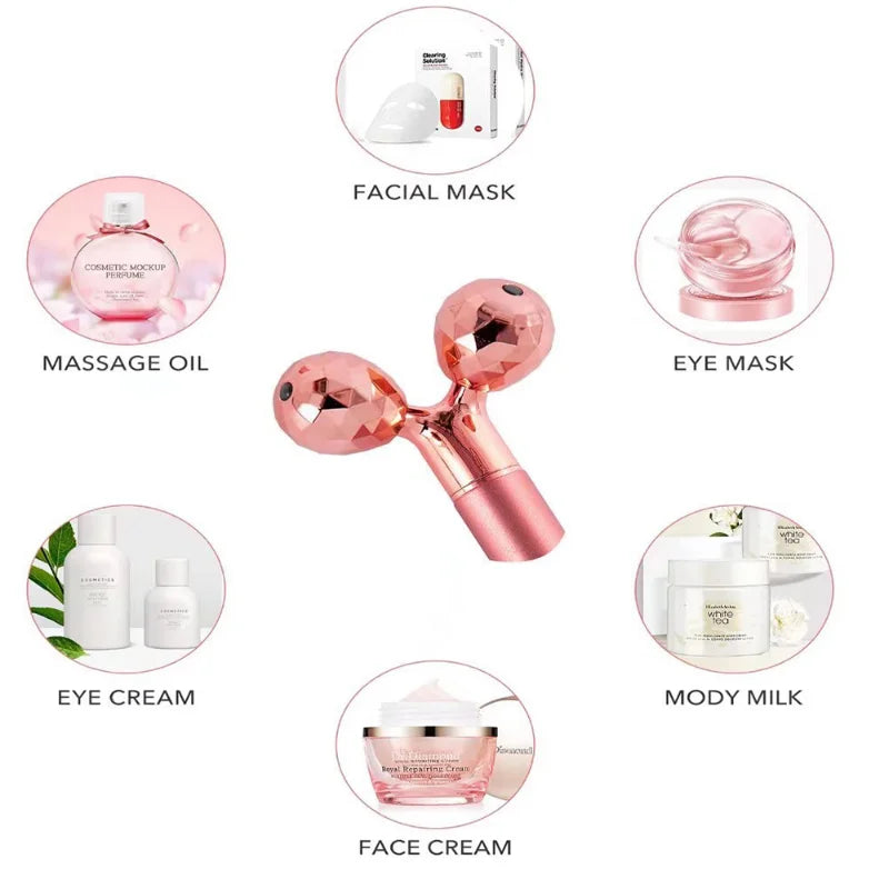 3 in 1 24K Gold Beauty Bar Electric Face Massager Vibrating Rose Quartz 3D Roller Face Lifting Body Facial Gua Sha Jade Roller