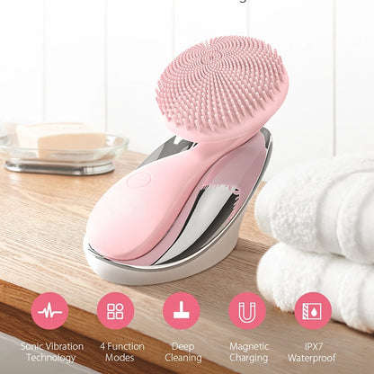 Cleansing Brush Skin Rejuvenation Silicone Ultrasonic Facial Brush Face Body Cleanser 4 Modes with Rotating Magnetic Beads