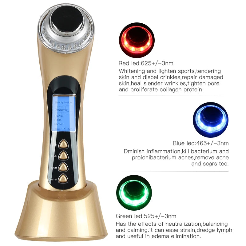 Facial Massager Skin Renewal System Skin Beauty Care Tool Ultrasonic High Frequency Ion Led Photon Personal Handheld 5 in 1