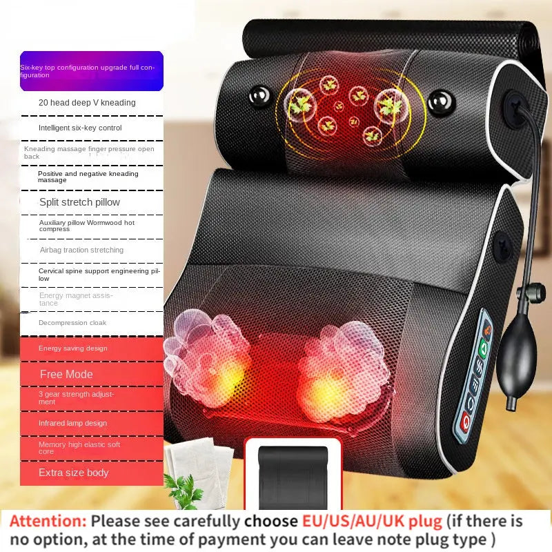 New Electric Neck Relaxation Head Massage Pillow Back Heating Kneading Infrared Therapy Shiatsu Ab Pillow Massager - Black