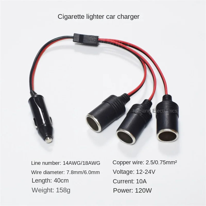 Thickened Pure Copper Cigarette Lighter Car Charger, 1 Male To 3 Female, 12V/24V Universal, 10A, 40cm Power Extension Cable