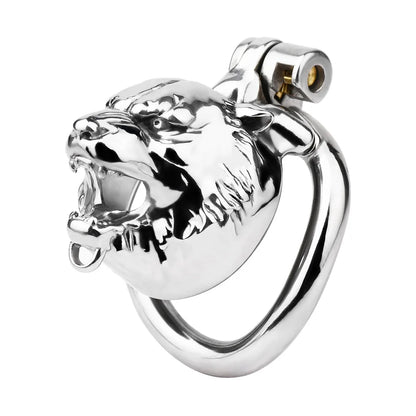 Stainless Steel Cow Tiger Head Shape Cock Cage Male Chastity Device Cock Ring Penis Lock with Belt for Adult Game Metal Sex Toy