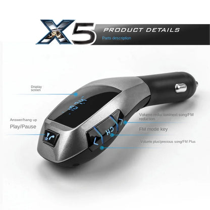 X5 Car Bluetooth Wireless Fm Transmitter compatible Hands-free Mp3 Player Usb Charging Port Supports U Disk Tf Card