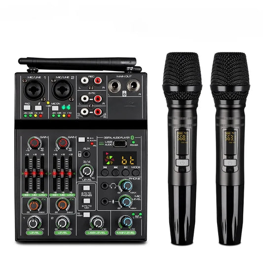 USB 4-channel Mixer with UHF Wireless Microphone for PC Recording and Mixing DJ Console, with Bluetooth Mini Mixer