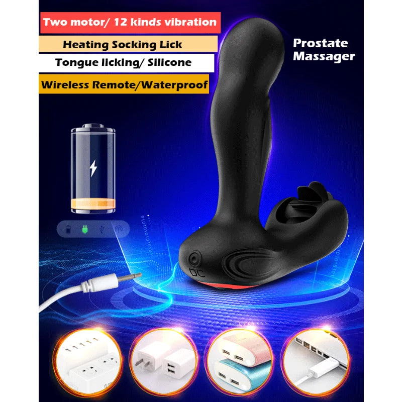 Vibration Heating Prostate Massager Tongue Licking Silicone Waterproof Anus Dilator Anal Dildo Anal Plug Sex Toy for Couple