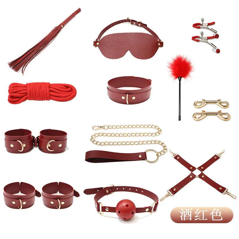 8-13pcs set Classic BDSM Restraints Sex Toy Kits Handcuffs & Ankle Fetish Suit Nipple Clipper Mouth Gag Whip Sex Feather Soft SM