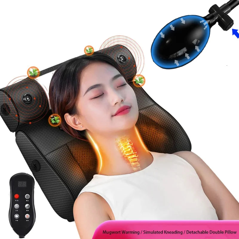 New Electric Neck Relaxation Head Massage Pillow Back Heating Kneading Infrared Therapy Shiatsu Ab Pillow Massager - Black