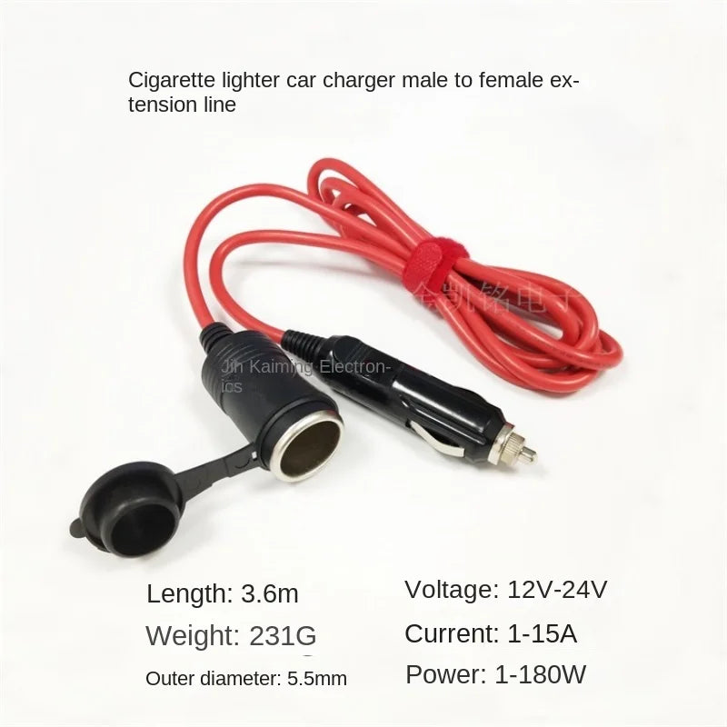 15A Car Cigarette Lighter Extension Cable - Thick Copper Wire - 12V24V Car Charger with Dust Cover - Red - 3.6m