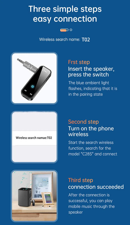 T02 Bluetooth Receiver Transmitter, High-Volume Car Audio Speaker Amplifier, 3.5mm Wireless Audio Adapter