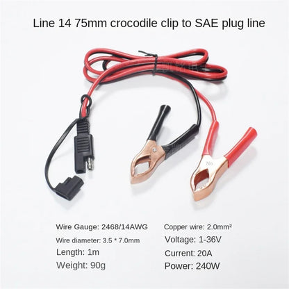 14AWG Pure Copper 75mm Crocodile Clip To SAE Plug, Solar Power 12V24V Battery 20A Power Cable, 1 Meter