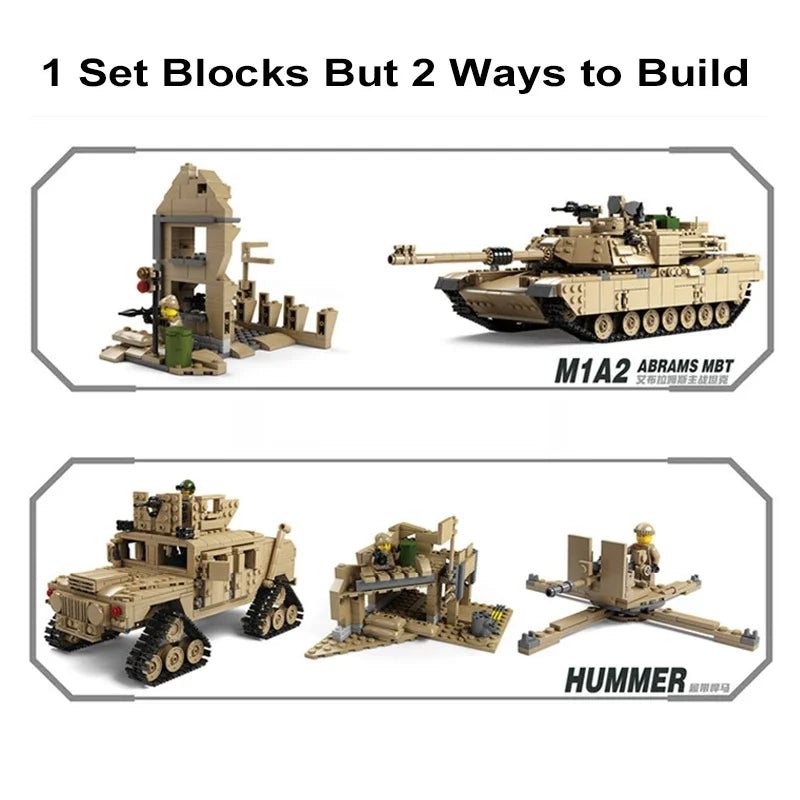 1463PCS 2in1 Military M1A2 Tactical Tank Tracked Hummer Car Building Blocks Kids Toys Gifts for Boy Friend