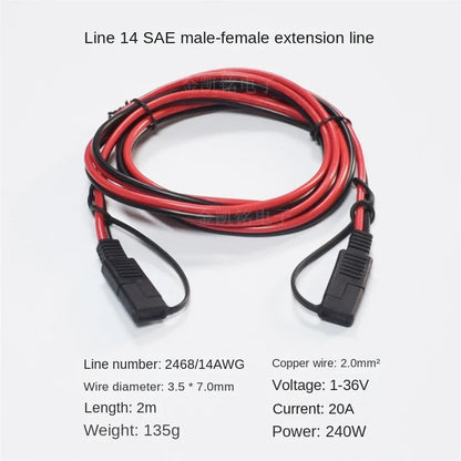 2mm² SAE Male To Female Extension Cable - 14AWG Photovoltaic Solar Panel Connector Wire - 20A Pure Copper - 2m