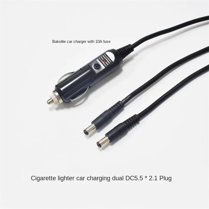 10A 12V Car Charger Power Cable, Pure Copper, Splitter with Cigarette Lighter To Dual DC5.5*2.1mm Forked Male Connector, 1.5m