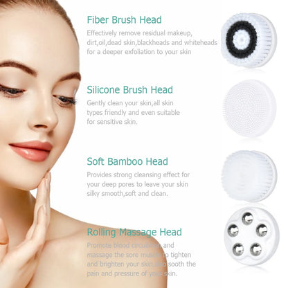 4 in 1 Electric Facial Cleanser Massage Wash Auto Rotating Face Cleansing Machine Waterproof Removal Pore Blackhead Exfoliator