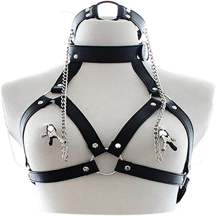 3In1 Bondage Set Women’s Mouth Ring Gag Nipple Clamps Harness Collar Leather Couples Bra Restraint Cosplay Sex Toys