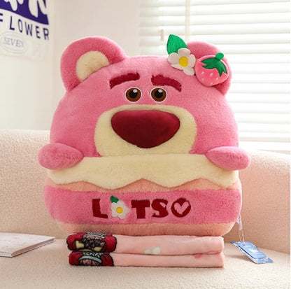 2 In1 Stuffed Cartoon Animal Strawberry Bear Stitch Pillow Blanket Cute Cushion Blanket Home Car Travel Pillow for Children Gift