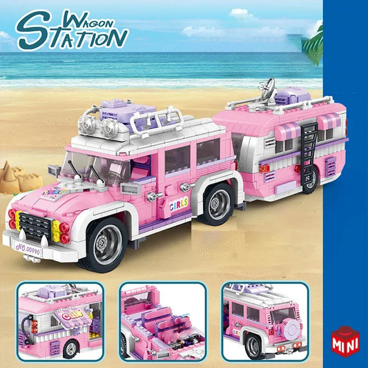 Technical 1149Pcs Pink Camper Touring Bus Travel Car Model Building Micro Blocks City Wagon Truck With Figures Bricks Toys Gifts