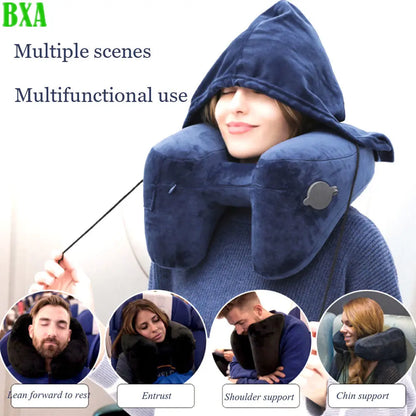 1pack H Shaped Massage Pillow Inflatable Portable Storage Outdoor Travel Long Distance Car Airplane Rest Hooded Neck Pillow