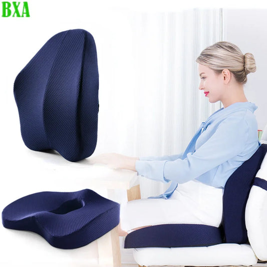 2pc Memory Foam Massage Pillow Seat Cushion Orthopedic Coccyx Office Chair Cushion Waist Back Lumbar Support Car Seat Hip Pad