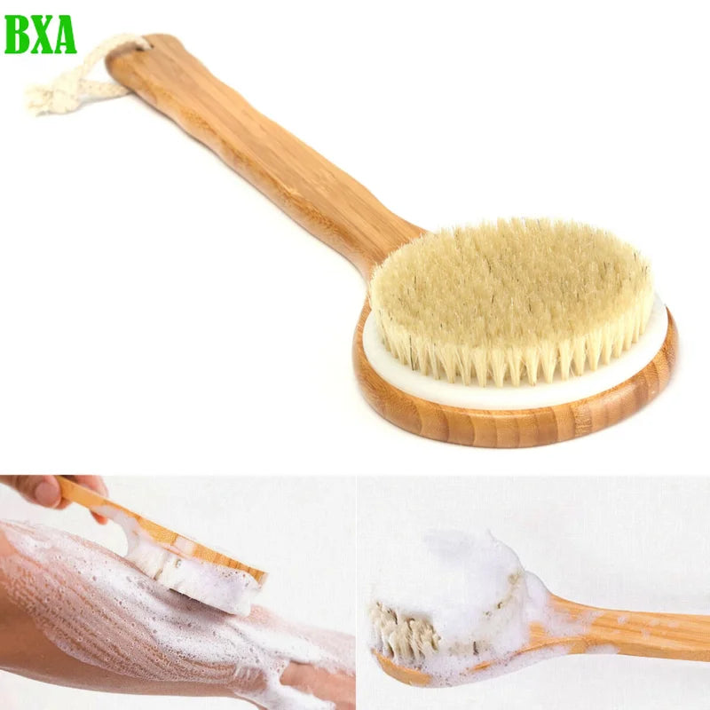 BXA Wooden Handle Natural Bristle Bath Brush Exfoliating Wooden Body Massage Shower Brush SPA Woman Man Skin Care Dry Body Brush