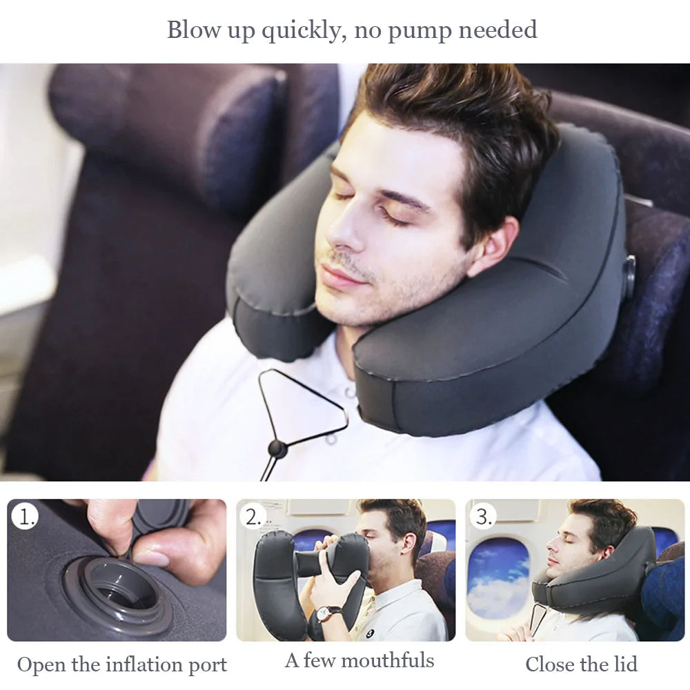 1pack H Shaped Massage Pillow Inflatable Portable Storage Outdoor Travel Long Distance Car Airplane Rest Hooded Neck Pillow