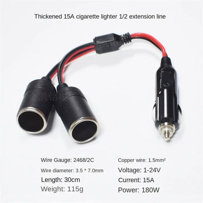 All Copper Car Cigarette Lighter Extension Cord One-to-Two, 12V 24V Universal 15A Car Charger One-to-Two, 30cm