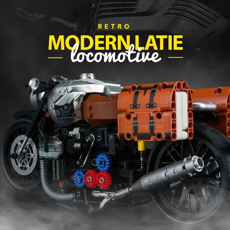 Technical Expert 925Pcs Retro Latte Motorcycle Super Car Model Building Blocks Kid Gift Vintage Racing Motorbike Bricks MOC Toys