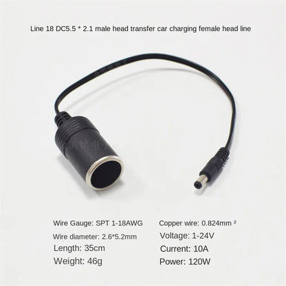 Universal 12V24V 10A120W All-Copper DC5.5*2.1 Male To Cigarette Lighter Socket Car Charger Cable 35cm