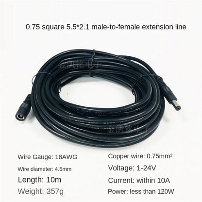 Thick Copper 0.75mm² 12V Power Extension Cable - DC5.5*2.1 Male To Female - 10A - Black - 10m Length - for Surveillance