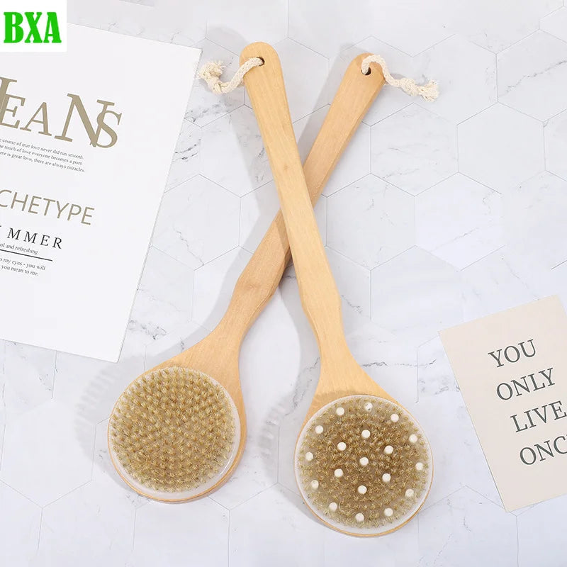 BXA Wooden Handle Natural Bristle Bath Brush Exfoliating Wooden Body Massage Shower Brush SPA Woman Man Skin Care Dry Body Brush