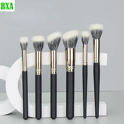 New 6PCS Double Layer Goat Hair Stippling Blush Brush Highlighter Concealer Makeup Brushes Cosmetic Beauty Tools Natural Wood