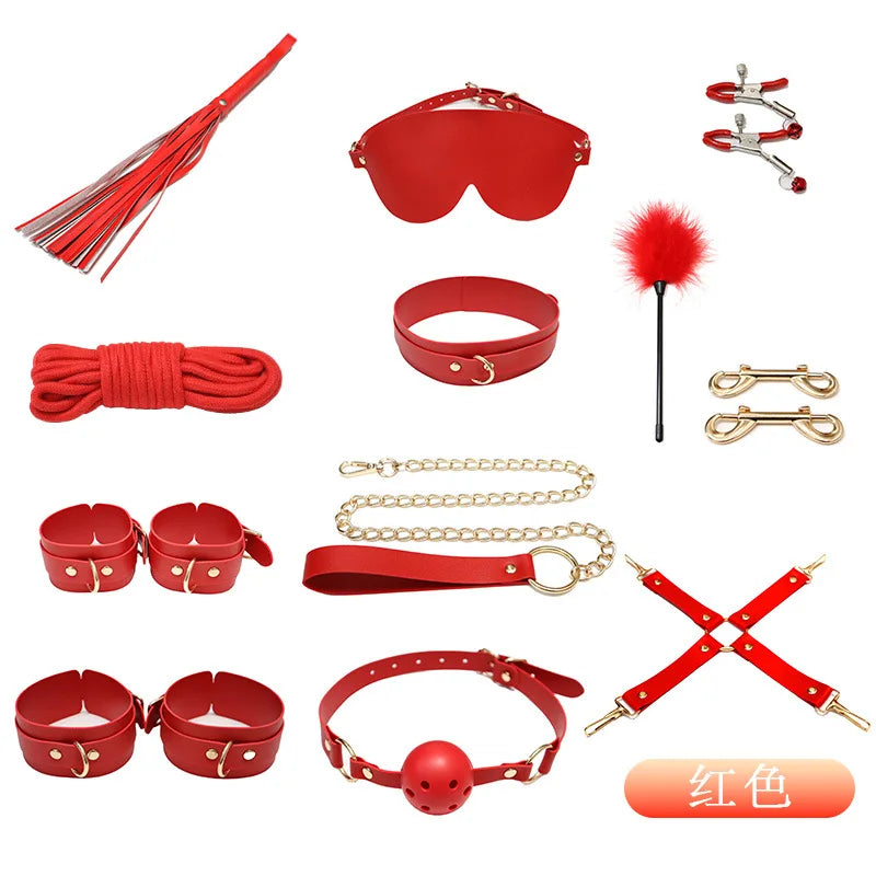 8-13pcs set Classic BDSM Restraints Sex Toy Kits Handcuffs & Ankle Fetish Suit Nipple Clipper Mouth Gag Whip Sex Feather Soft SM