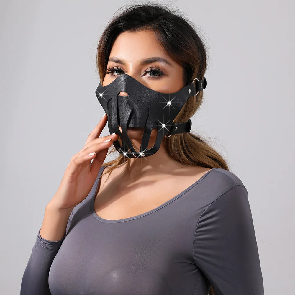 Steam Punk PU Leather Harness Bondage Gag Taste Half Face Mask Restraint Hood Mouth Strap Couple SM Slave Roleplay Adult Toys