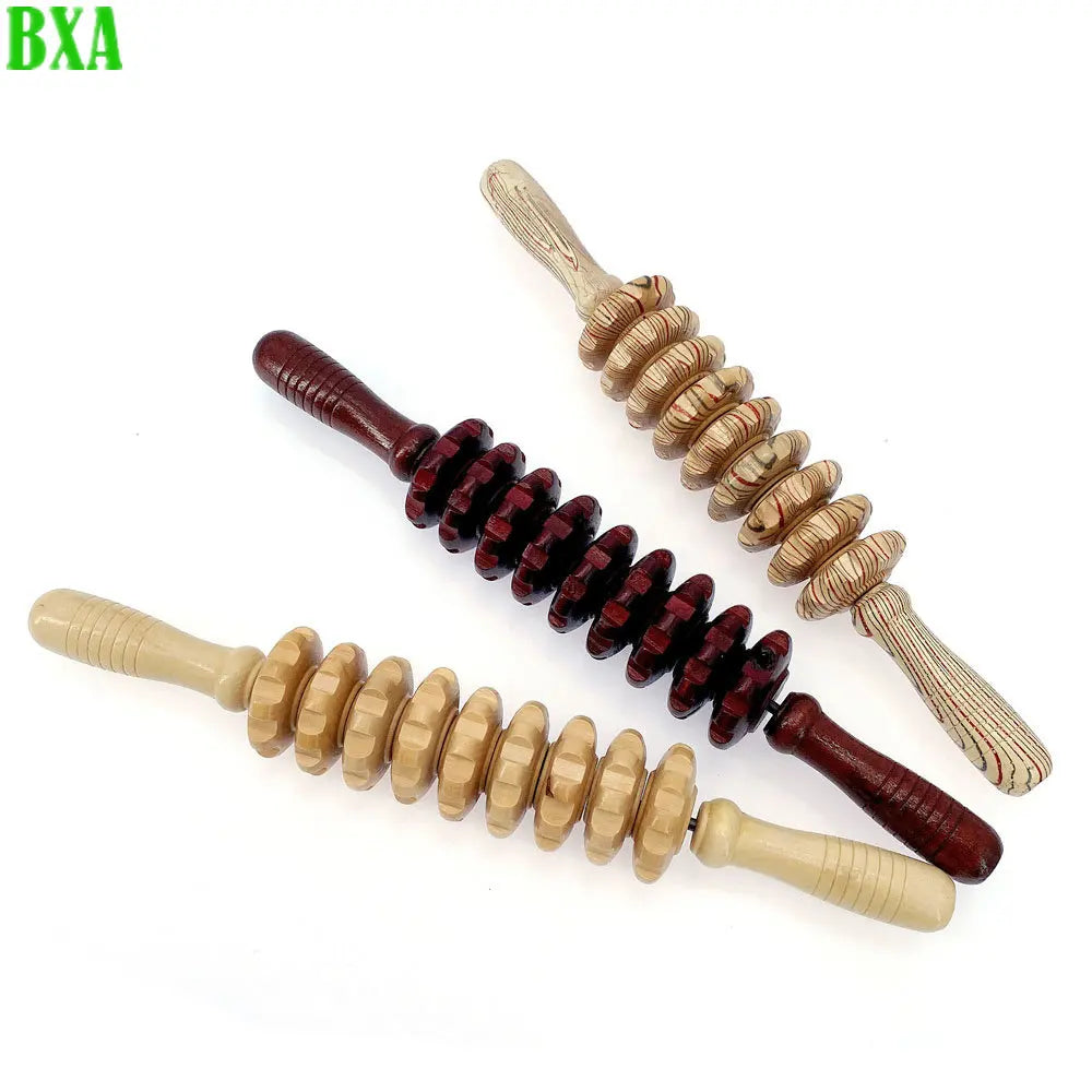 BXA 1pc Wooden Exercise Massage Roller Nine Fine Wheel Shaft Whole Body Massage Pounded Waist Back Massage Neck Leg Massager