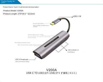 USB-C To USB 3.0 4-in-1 Hub, Type-C 3.1 To USB-C Converter Cable with Aluminum Alloy