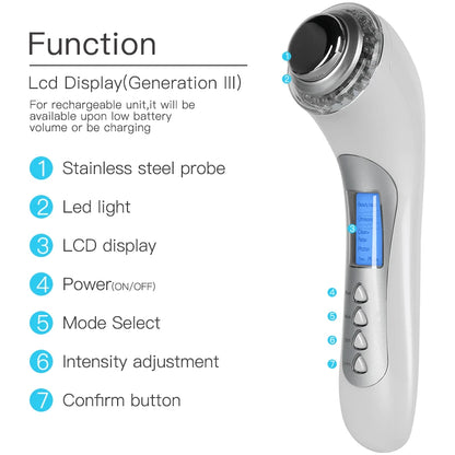 Facial Massager Skin Renewal System Skin Beauty Care Tool Ultrasonic High Frequency Ion Led Photon Personal Handheld 5 in 1