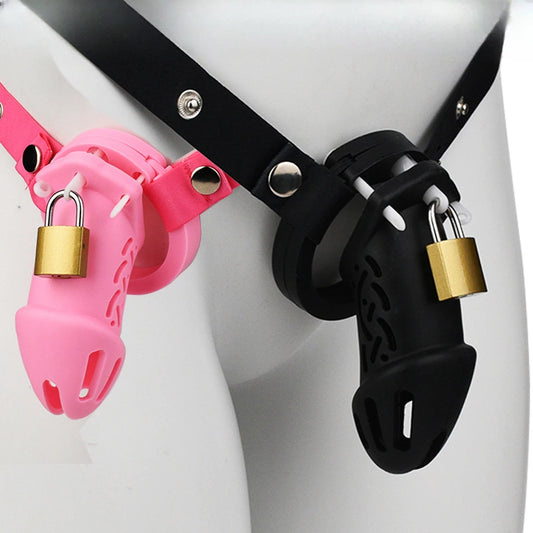 Weareable Male Silicone Chastity Device Cock Cage Abstinence Sex Toys with Adult Bondage Belt Brass Lock Long/Short Cage 113/114